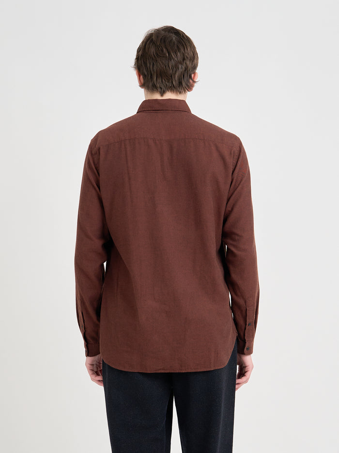 Back shot of model wearing Oliver Spencer Men's Rust Red Cotton Button-Down Shirt