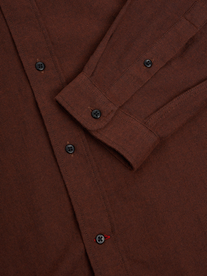 Close up cuff shot of Oliver Spencer Men's Rust Red Cotton Button-Down Shirt