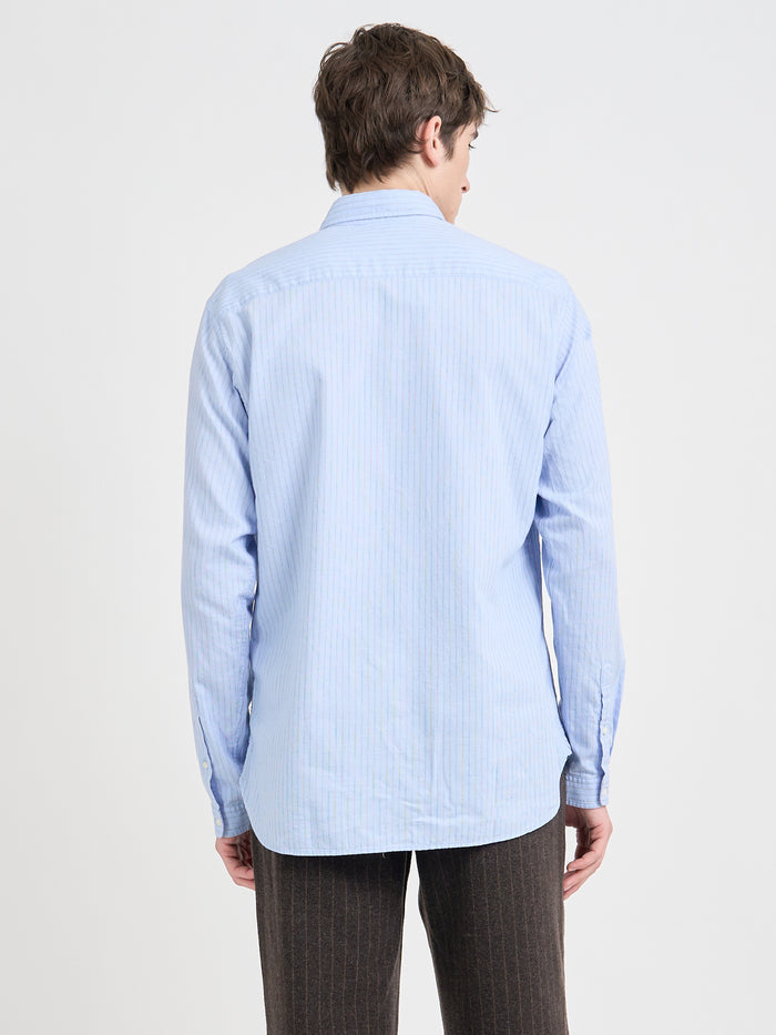 Back shot of model wearing Oliver Spencer Men's Pale Blue Pinstripe Organic Cotton Button-Down Shirt