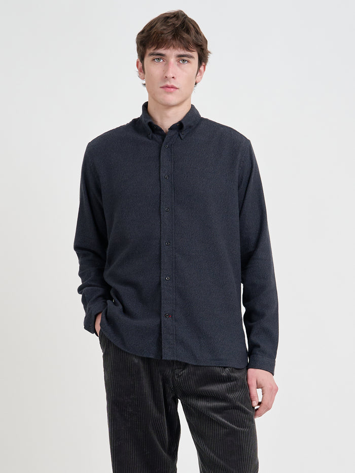 Close up shot of model wearing Oliver Spencer Men's Navy Brushed Cotton Button-Down Shirt