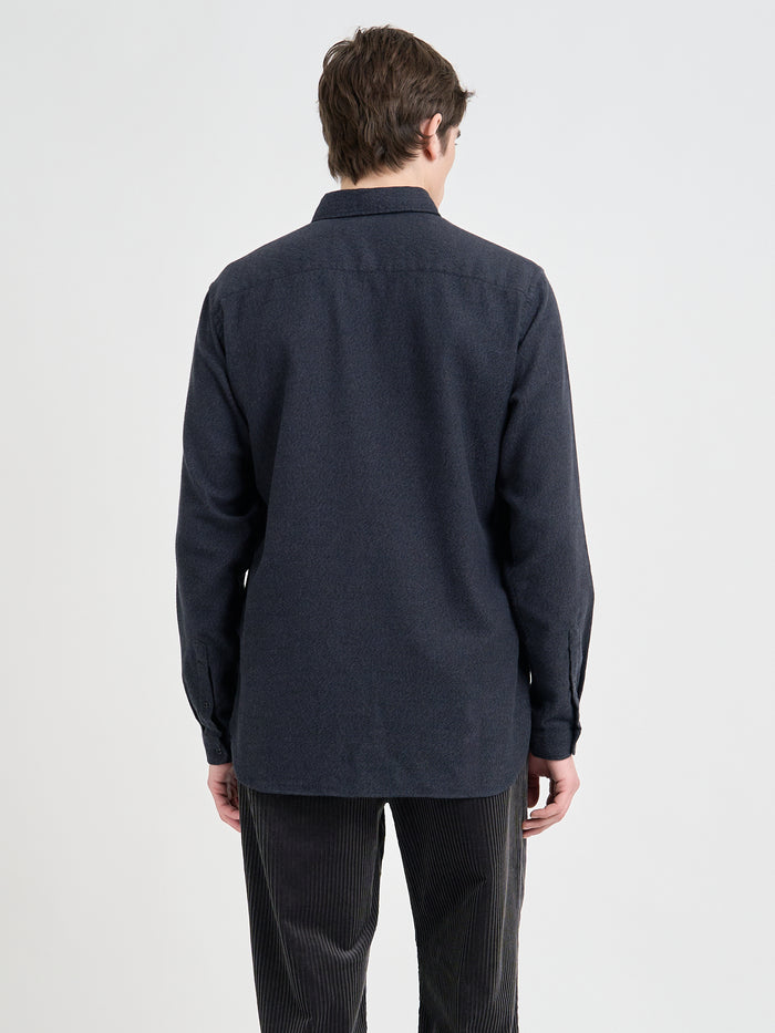 Back shot of model wearing Oliver Spencer Men's Navy Brushed Cotton Button-Down Shirt