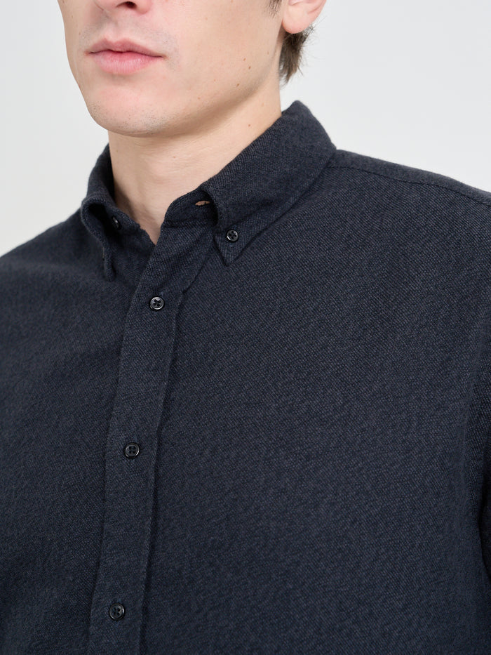 Close up collar shot of model wearing Oliver Spencer Men's Navy Brushed Cotton Button-Down Shirt