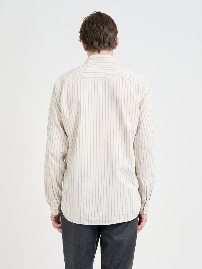 Back shot of Model wearing Oliver Spencer Cream Striped Shirt