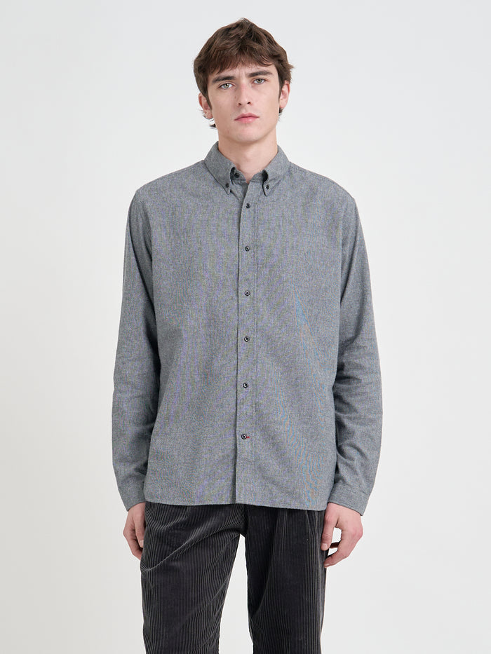 Close up shot of model wearing Oliver Spencer Men's Grey Brushed Cotton Button-Down Shirt
