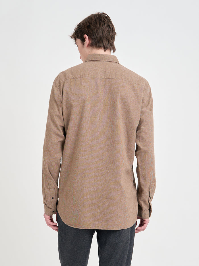Back shot of model wearing Oliver Spencer Men's Sand Organic Cotton Shirt