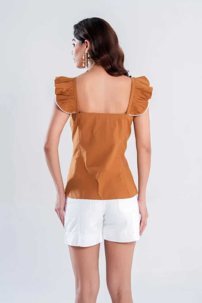 Women’s brown cotton top with ruffled shoulder straps and open back view