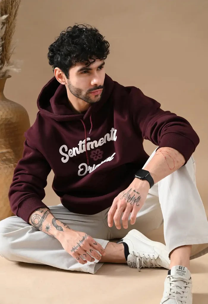 Burnt Maroon Puff Print Men's Pullover Hoodies for Men