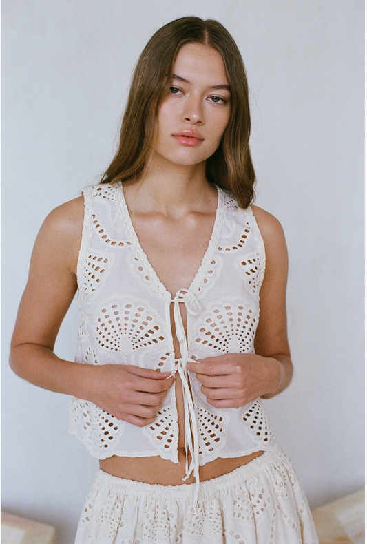 Cannes Eyelet Front-Tie Tank in Natural