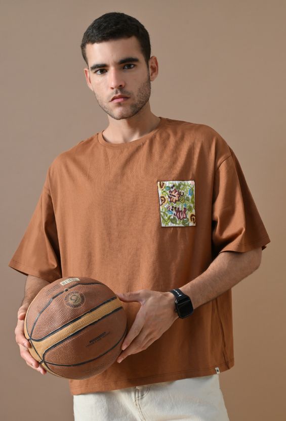 Chocolate Brown Oversized Fit Floral Print Men's Oversized T-Shirts for Men