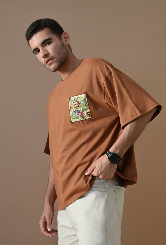 Chocolate Brown Oversized Fit Floral Print Men's Oversized T-Shirts for Men
