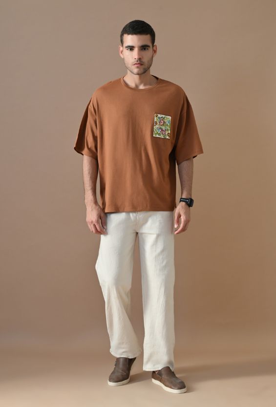 Chocolate Brown Oversized Fit Floral Print Men's Oversized T-Shirts for Men