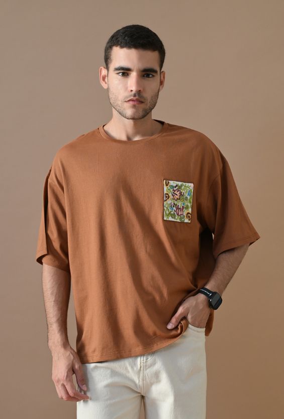Chocolate Brown Oversized Fit Floral Print Men's Oversized T-Shirts for Men