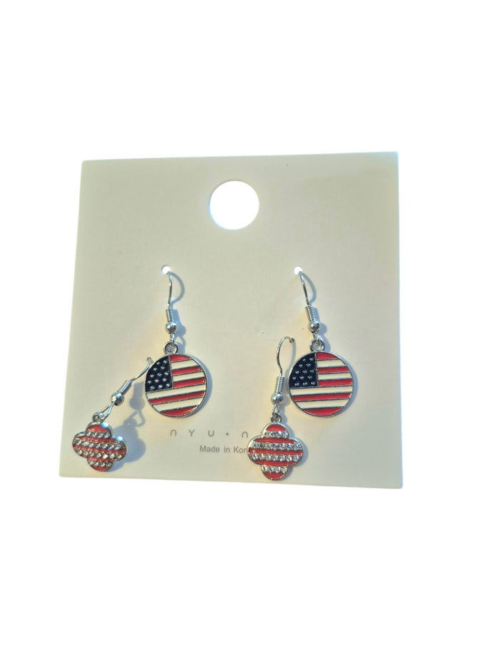Circle flag and red and white rhinestone earrings