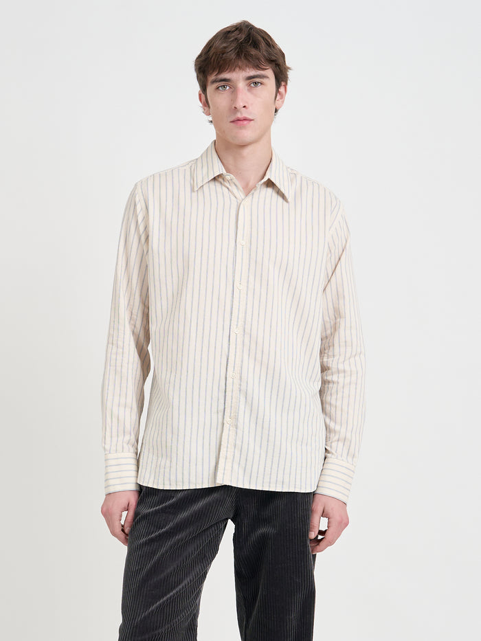 Model wearing Oliver Spencer Men's Cream Stripe Organic Cotton Shirt