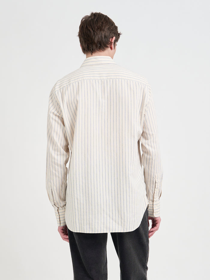 Back shot of Model wearing Oliver Spencer Men's Cream Stripe Organic Cotton Shirt