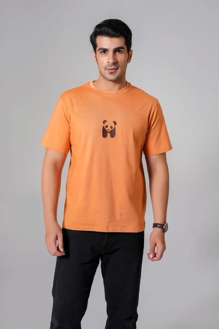 Men’s coral cotton t-shirt with panda embroidery – front view