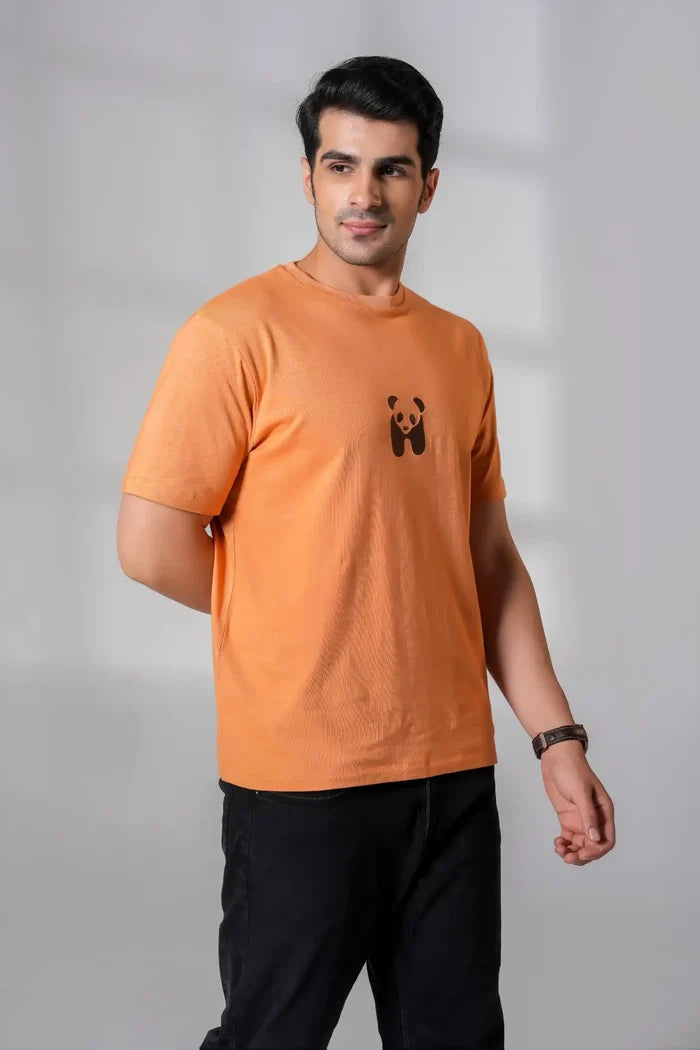 Side angle of men’s coral cotton crew neck t-shirt with embroidery