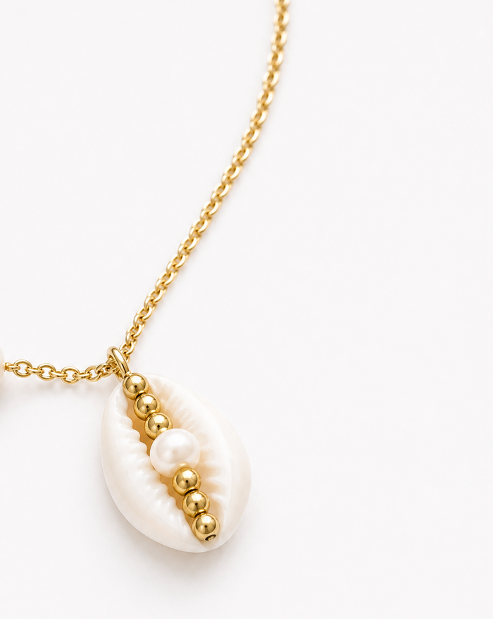 Cowrie Shell with Beads and Pearl 18k Plated Gold Necklace