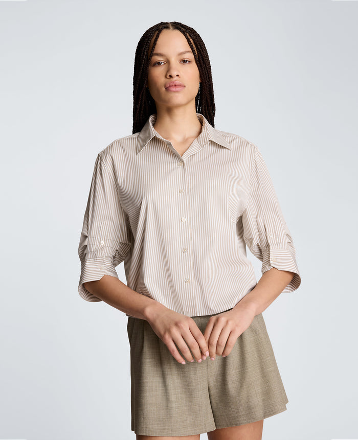 Cropped Shirt with Pleated 3/4 Sleeve