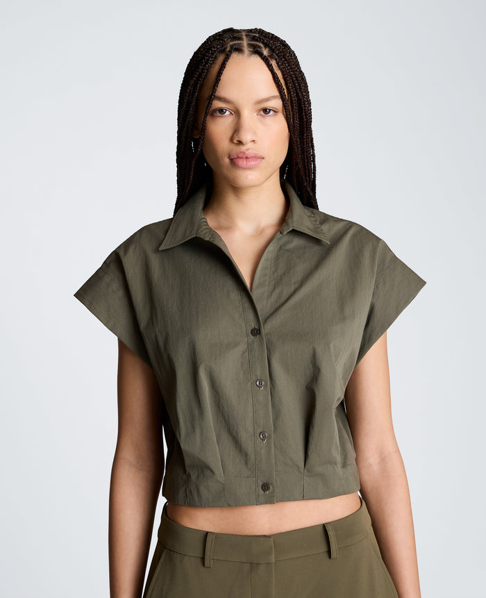 Cropped Y-Neck Top with Gusset Sleeve