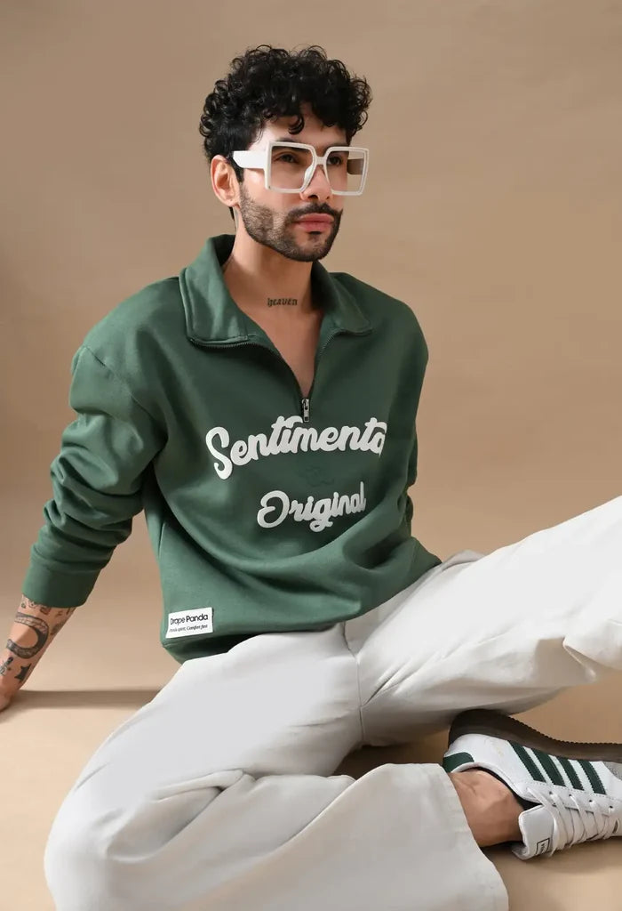 Dark Green Puff Print Men's Henley Sweatshirts for Men