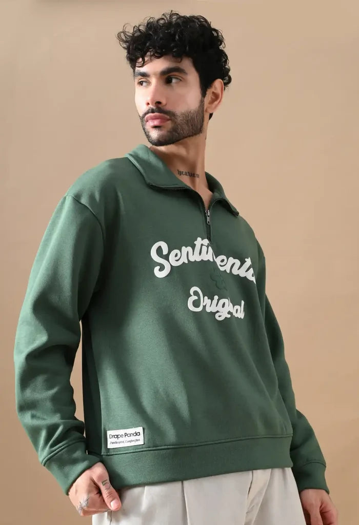 Dark Green Puff Print Men's Henley Sweatshirts for Men