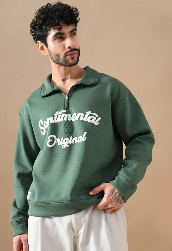 Dark Green Puff Print Men's Henley Sweatshirts for Men