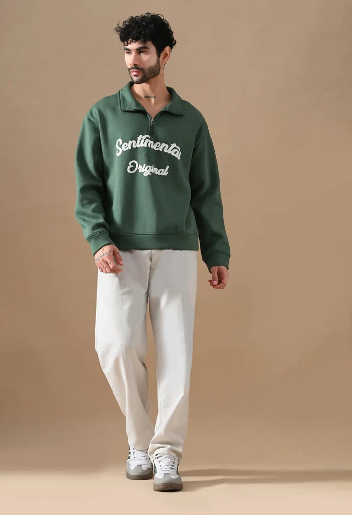 Dark Green Puff Print Men's Henley Sweatshirts for Men