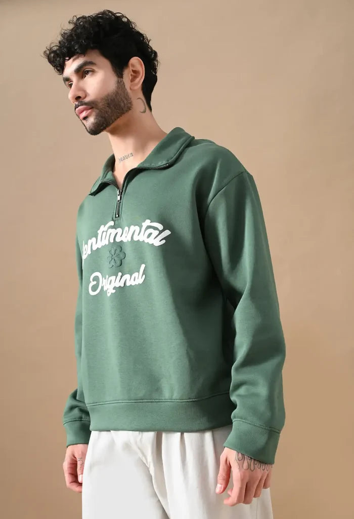 Dark Green Puff Print Men's Henley Sweatshirts for Men
