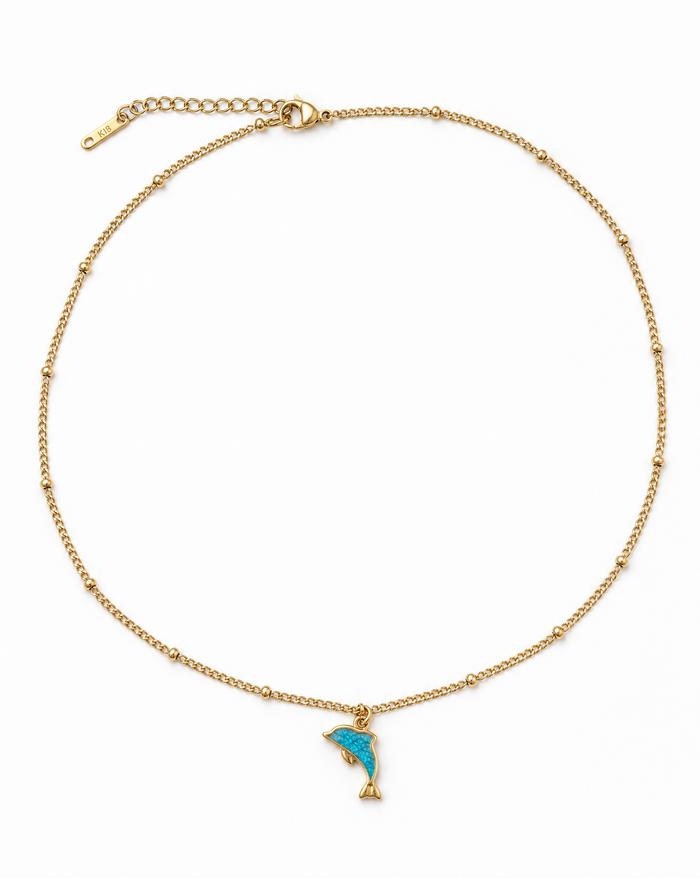 Dolphin with Turquoise Enamel Pendant Choker Necklace