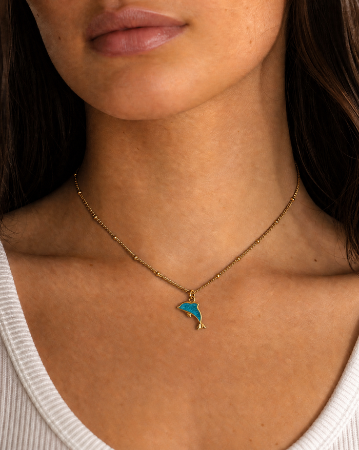 Dolphin with Turquoise Enamel Pendant Choker Necklace