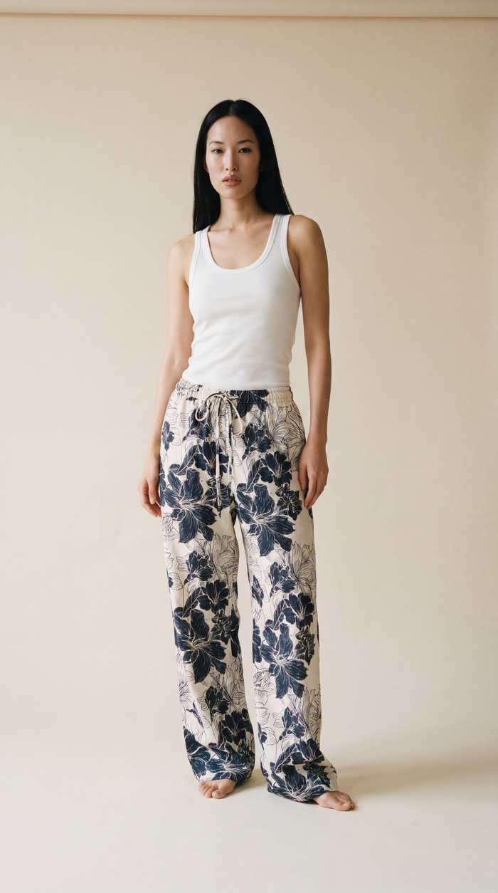 Drawstring Pants - Black Lilies on White
