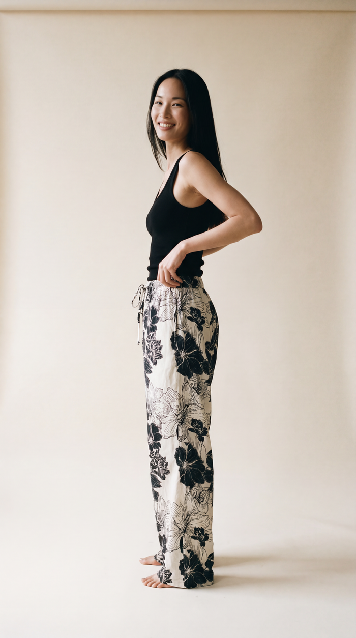 Drawstring Pants - Black Lilies on White - Side View