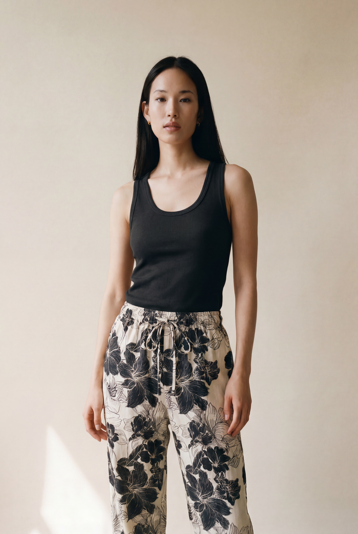 Drawstring Pants - Black Lilies on White