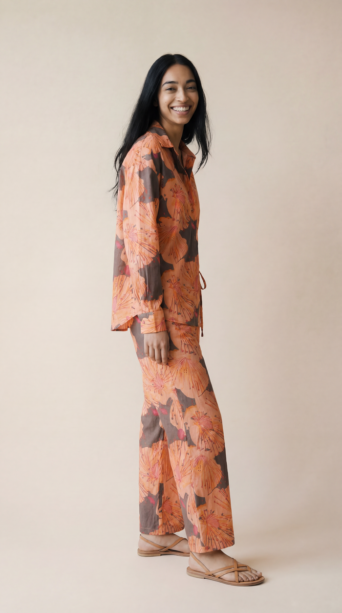 Drawstring Pants - Slate with Flowers