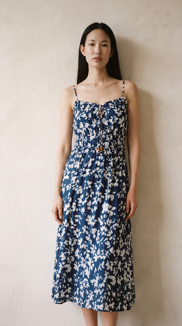 Elastic Waist Midi Dress - Indigo Bloom