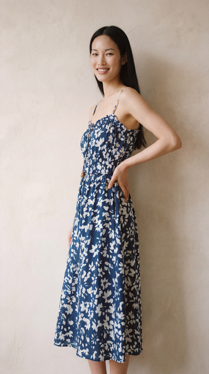 Elastic Waist Midi Dress - Indigo Bloom