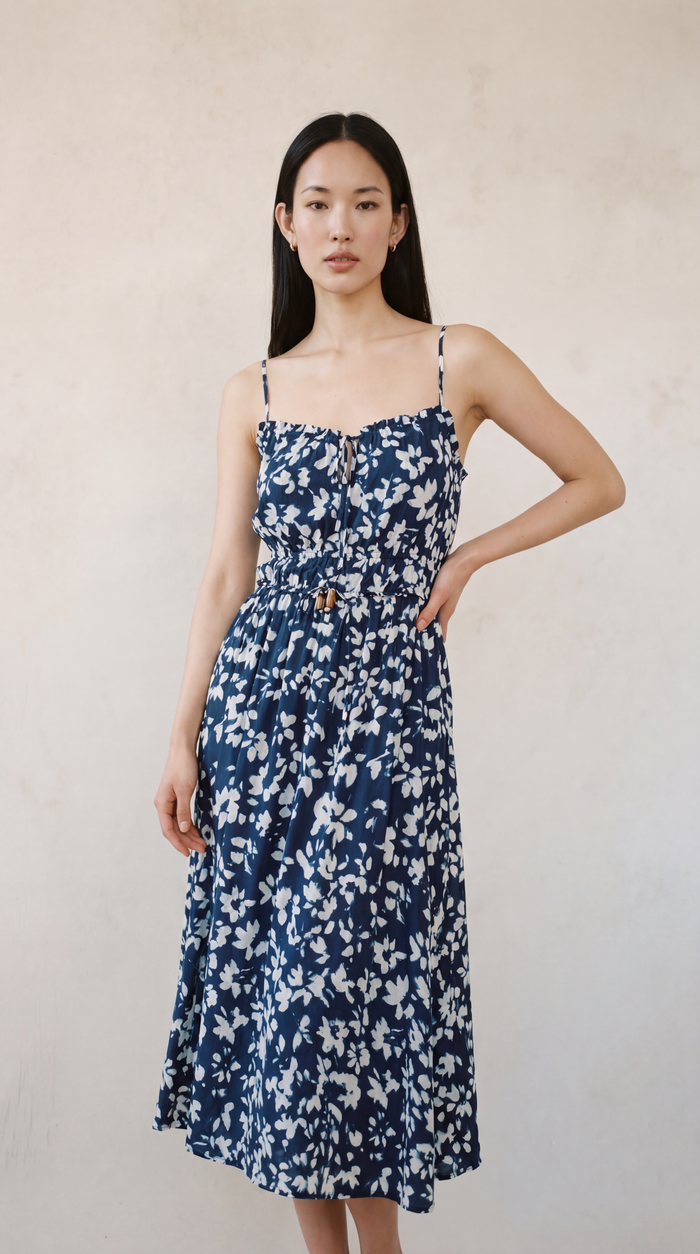 Elastic Waist Midi Dress - Indigo Bloom
