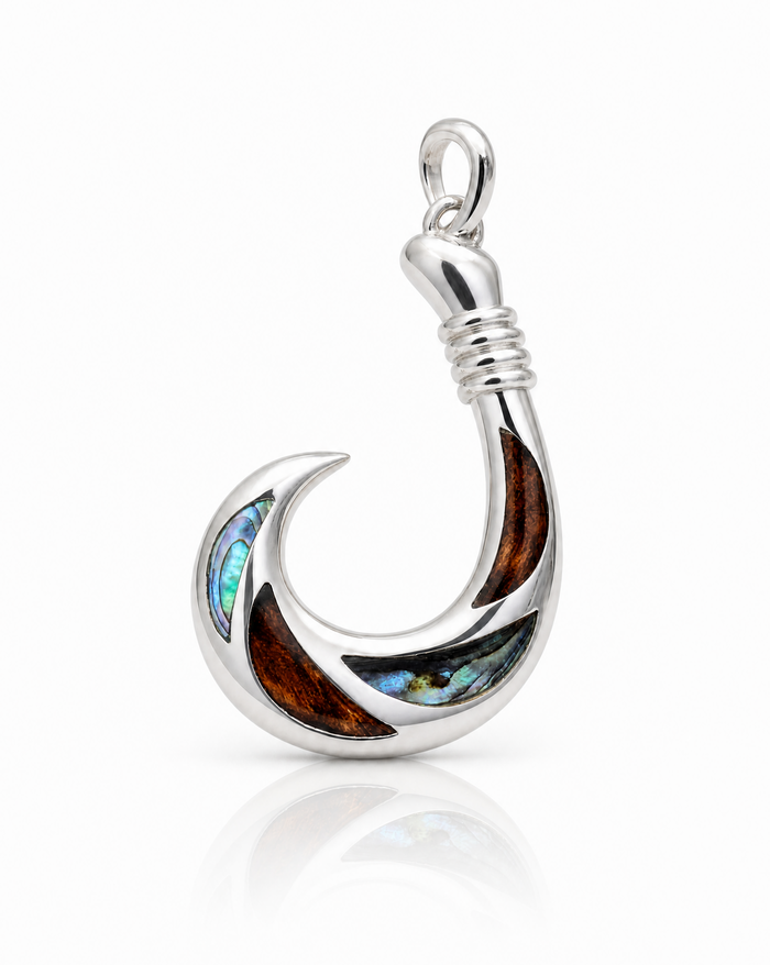 Fish Hook Sterling Silver Koa and Abalone Inlay Pendant - Back View