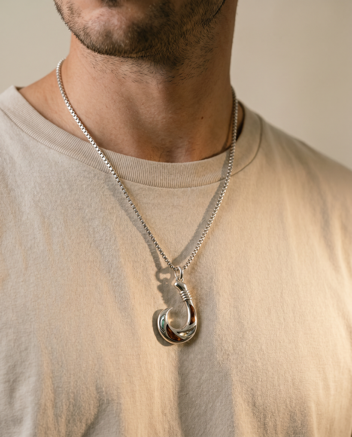 Fish Hook Sterling Silver Koa and Abalone Inlay Pendant - Close-Up
