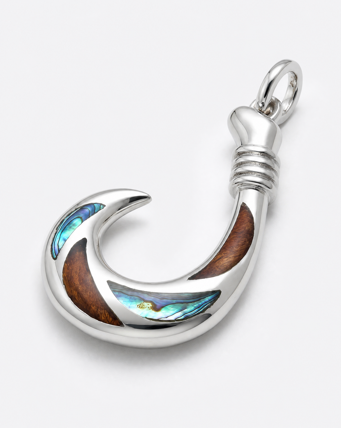 Fish Hook Sterling Silver Koa and Abalone Inlay Pendant - Side View