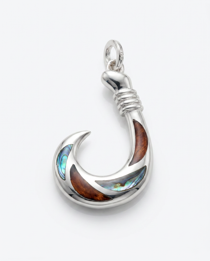 Fish Hook Sterling Silver Koa and Abalone Inlay Pendant