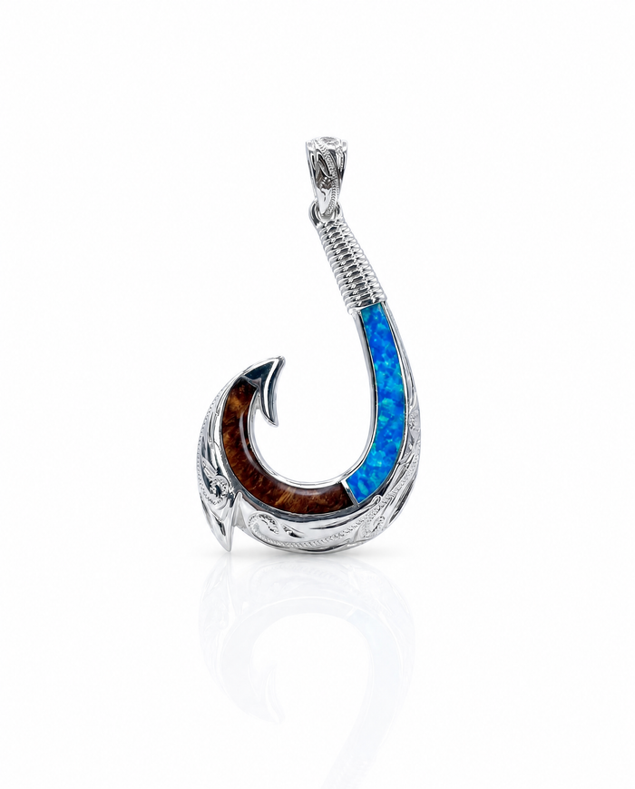 Fish Hook Sterling Silver Koa and Opal Inlay Pendant with Polynesian Engraving - Back View