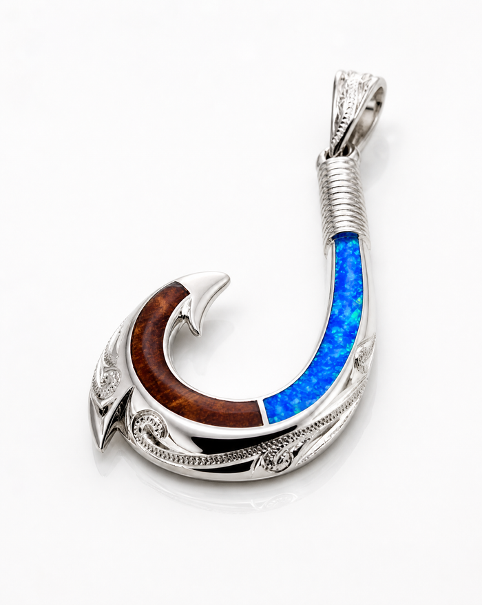 Fish Hook Sterling Silver Koa and Opal Inlay Pendant with Polynesian Engraving