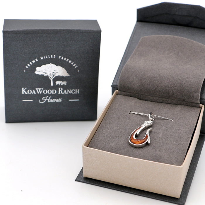Fish Hook Sterling Silver Koa Inlay Pendant