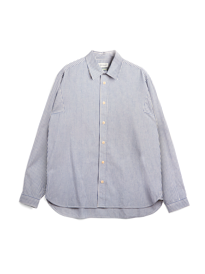 Men's Oliver Spencer Blue and White striped Oversized Spread Collar Organic Cotton Shirt Flat Shot