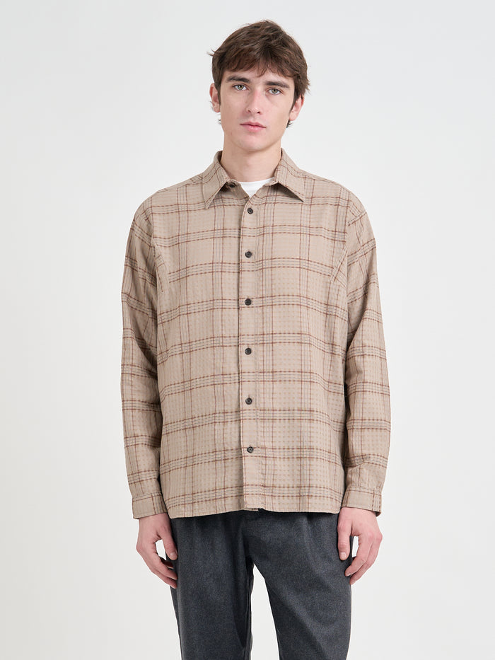 Model wearing Oliver Spencer Men's Beige Organic Cotton Overshirt