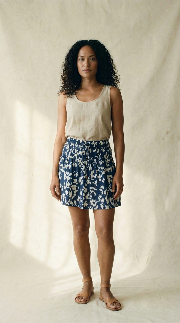 Gathered Mini Skirt in Indigo Bloom