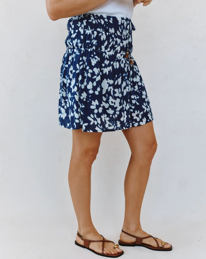 Gathered Mini Skirt in Indigo Bloom