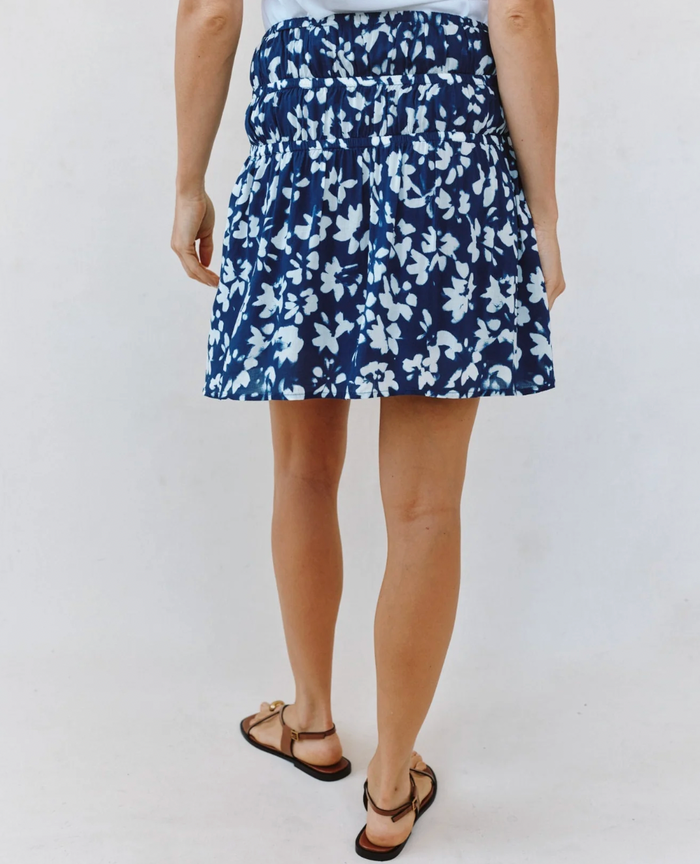 Gathered Mini Skirt in Indigo Bloom